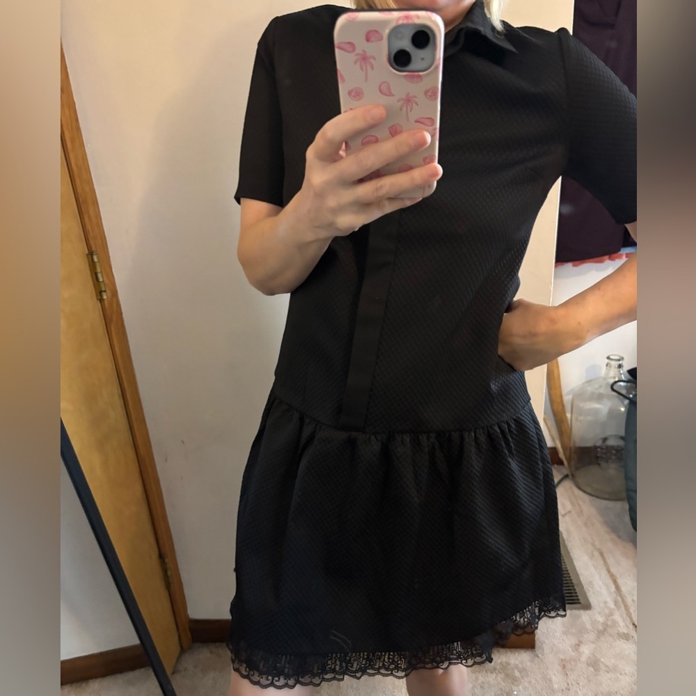 Sandro Paris Black Textured Drop Waist Shirt Dress Lace Hem - Picture 6 of 10